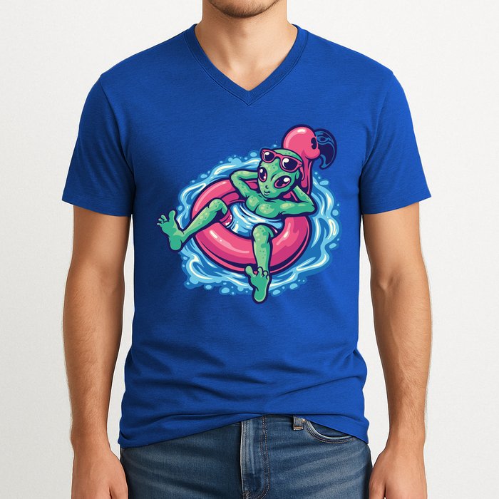 Alien On Flamingo Floaty Funny V-Neck T-Shirt