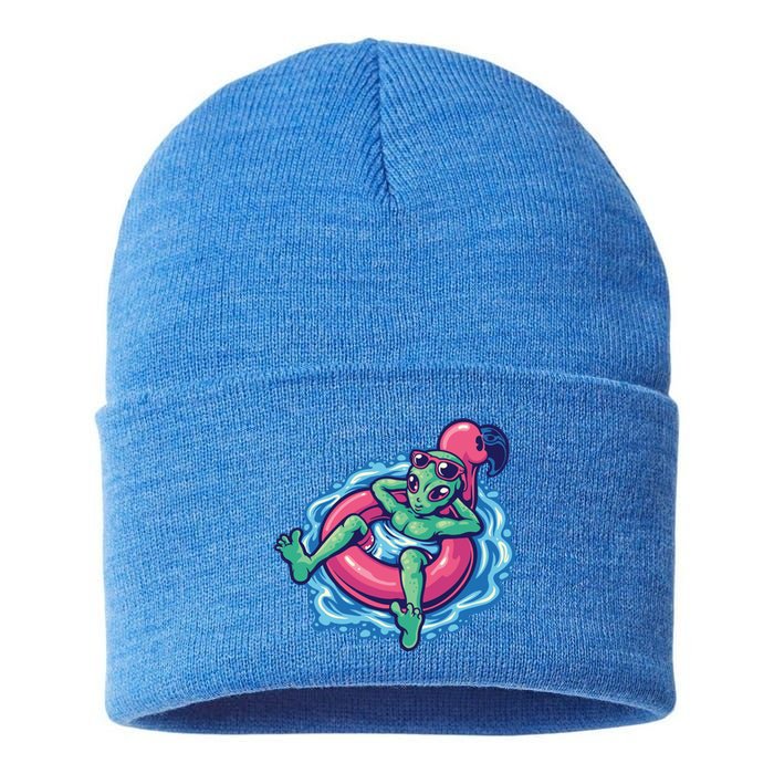 Alien On Flamingo Floaty Funny Sustainable Knit Beanie