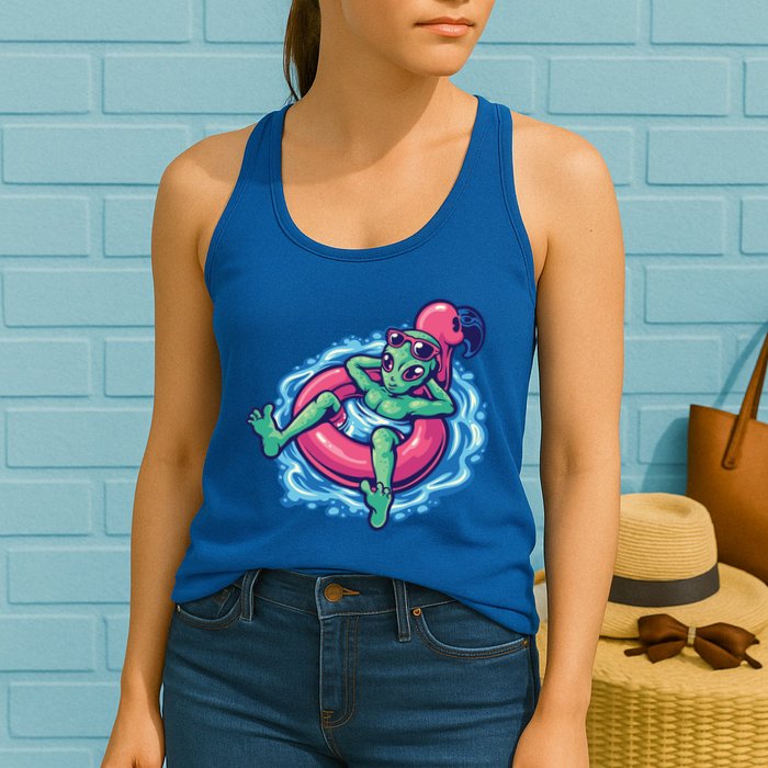 Alien On Flamingo Floaty Funny Womens Tank Top