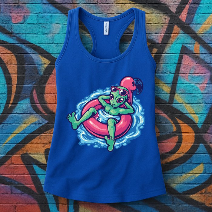 Alien On Flamingo Floaty Funny Womens Tank Top