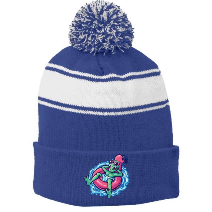 Alien On Flamingo Floaty Funny Stripe Pom Pom Beanie