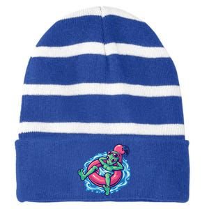 Alien On Flamingo Floaty Funny Striped Beanie with Solid Band