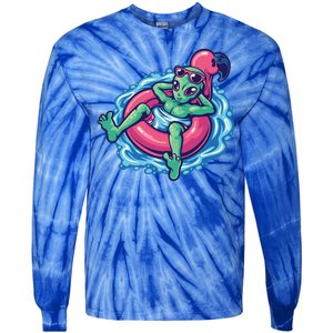 Alien On Flamingo Floaty Funny Tie-Dye Long Sleeve Shirt