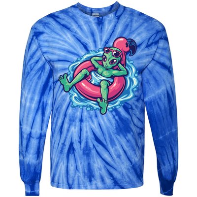 Alien On Flamingo Floaty Funny Tie-Dye Long Sleeve Shirt