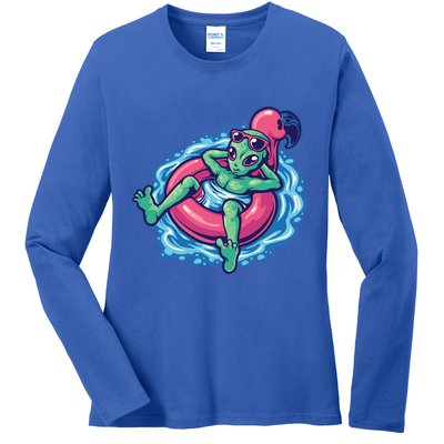 Alien On Flamingo Floaty Funny Ladies Long Sleeve Shirt