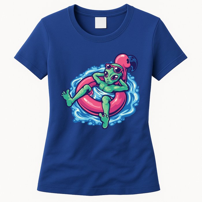 Alien On Flamingo Floaty Funny Womens T-Shirt