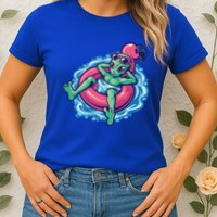 Alien On Flamingo Floaty Funny Womens T-Shirt