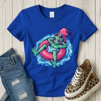 Alien On Flamingo Floaty Funny Womens T-Shirt