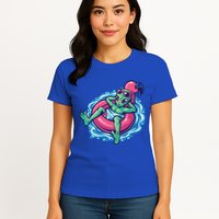 Alien On Flamingo Floaty Funny Womens T-Shirt