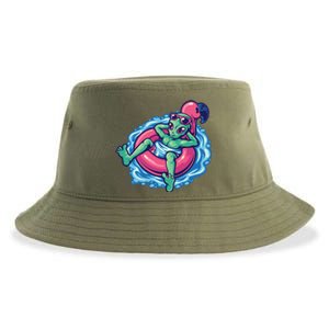 Alien On Flamingo Floaty Funny Sustainable Bucket Hat