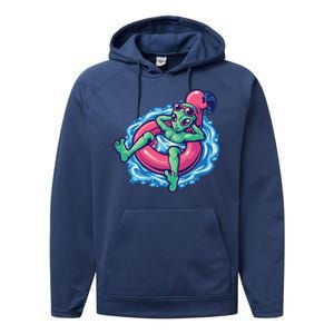 Alien On Flamingo Floaty Funny Performance Fleece Hoodie