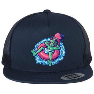 Alien On Flamingo Floaty Funny Flat Bill Trucker Hat