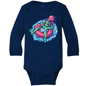 Alien On Flamingo Floaty Funny Baby Long Sleeve Bodysuit