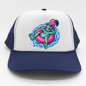 Alien On Flamingo Floaty Funny Trucker Hat