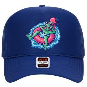 Alien On Flamingo Floaty Funny High Crown Mesh Back Trucker Hat