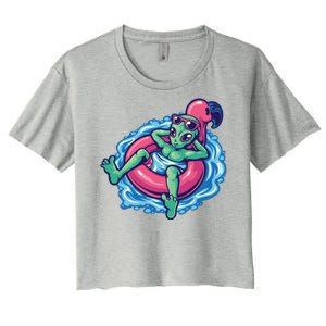 Alien On Flamingo Floaty Funny Women's Crop Top Tee