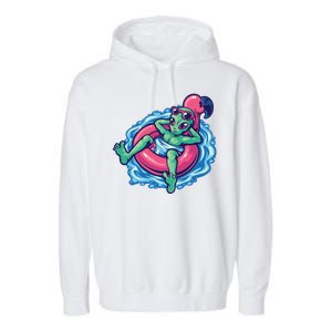 Alien On Flamingo Floaty Funny Garment-Dyed Fleece Hoodie