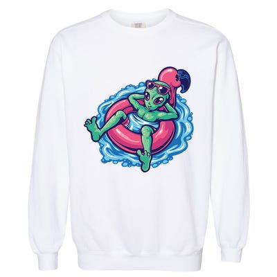 Alien On Flamingo Floaty Funny Garment-Dyed Sweatshirt