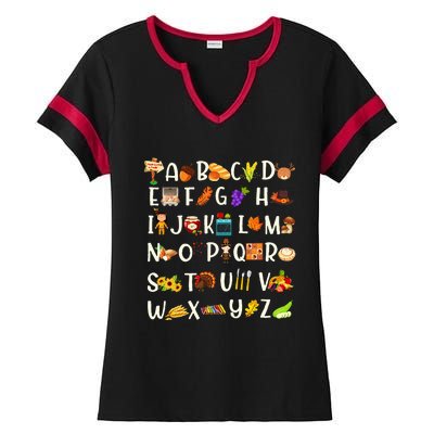 ABCs Learning Kindergarten Teacher Thanksgiving Alphabet Ladies Halftime Notch Neck Tee