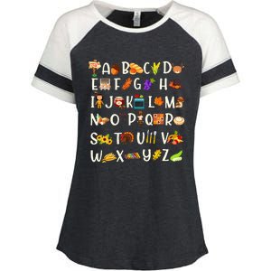 ABCs Learning Kindergarten Teacher Thanksgiving Alphabet Enza Ladies Jersey Colorblock Tee