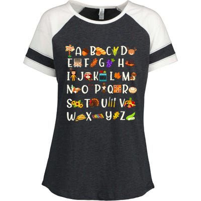 ABCs Learning Kindergarten Teacher Thanksgiving Alphabet Enza Ladies Jersey Colorblock Tee