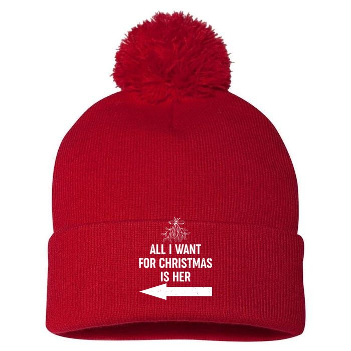 All I Want For Christmas Is Her Matching Couples Pom Pom 12in Knit Beanie