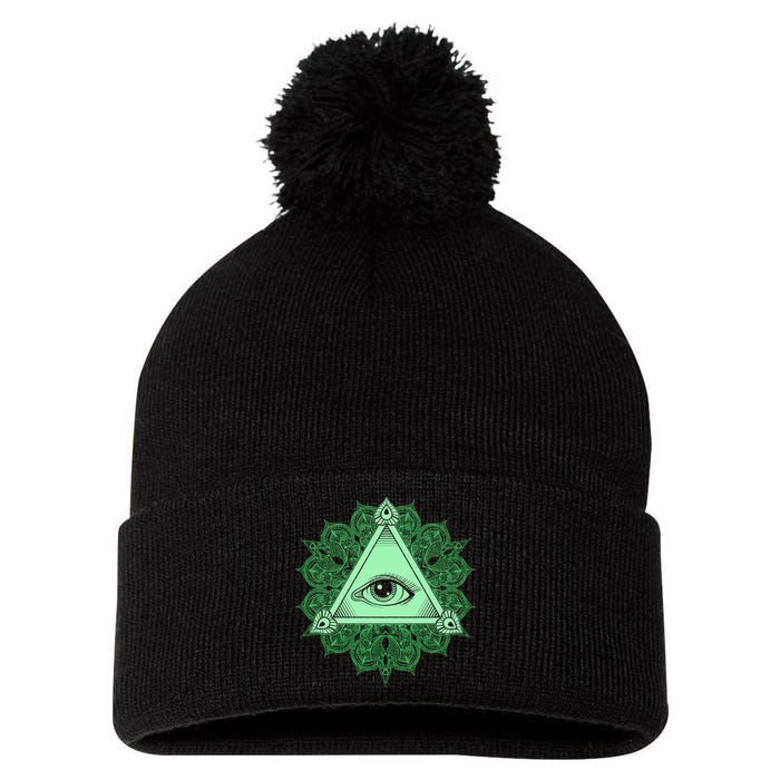 All Seeing Pyramid Eye Pom Pom 12in Knit Beanie