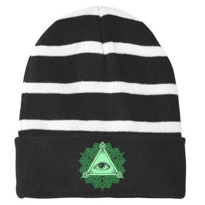 All Seeing Pyramid Eye Striped Beanie with Solid Band