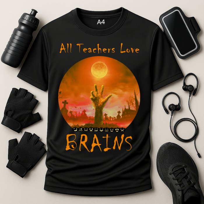 All Teachers Love Brains Zombie Cooling Performance Crew T-Shirt