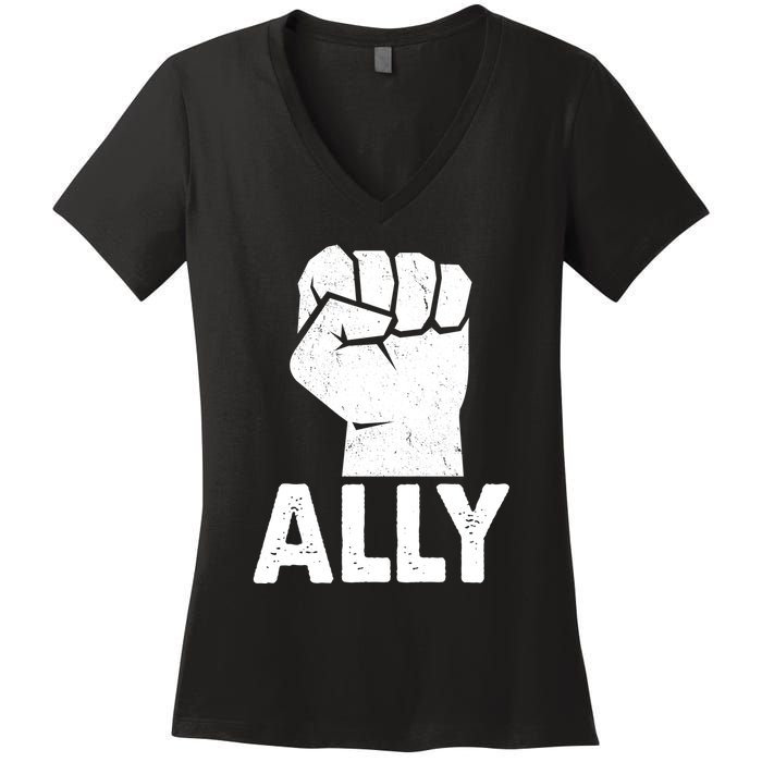 Ally Distressed Protest Fist Women's V-Neck T-Shirt