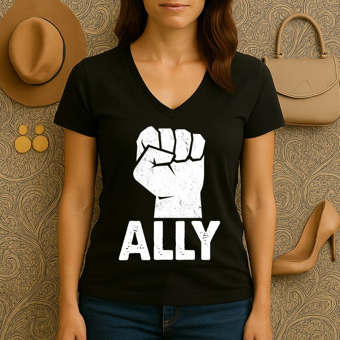 Ally Distressed Protest Fist Women's V-Neck T-Shirt