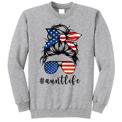 Aunt Life Messy Bun Hair Bandana Sunglasses American Flag Tall Sweatshirt