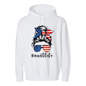 Aunt Life Messy Bun Hair Bandana Sunglasses American Flag Garment-Dyed Fleece Hoodie