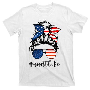 Aunt Life Messy Bun Hair Bandana Sunglasses American Flag T-Shirt