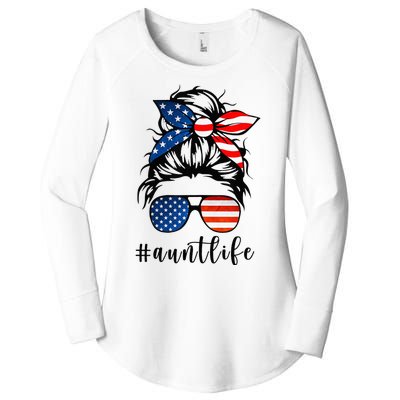 Aunt Life Messy Bun Hair Bandana Sunglasses American Flag Women's Perfect Tri Tunic Long Sleeve Shirt