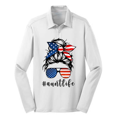 Aunt Life Messy Bun Hair Bandana Sunglasses American Flag Silk Touch Performance Long Sleeve Polo