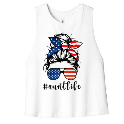 Aunt Life Messy Bun Hair Bandana Sunglasses American Flag Women's Racerback Cropped Tank