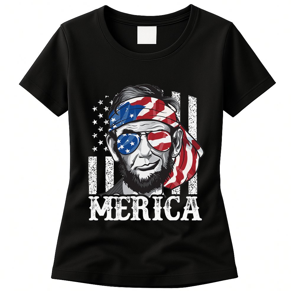 Abraham Lincoln Merica 4th Of July American Flag Womens T-Shirt
