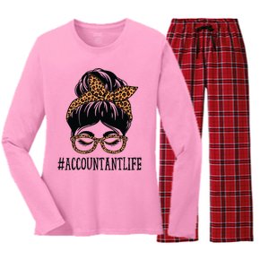 Accountant Leopard Messy Bun Women Back To School Women's Long Sleeve Flannel Pajama Set 