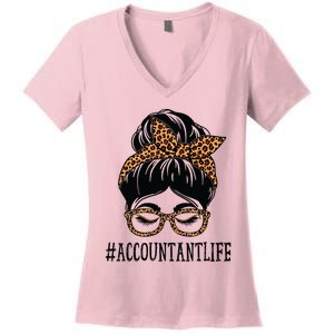 Accountant Leopard Messy Bun Women Back To School Women's V-Neck T-Shirt