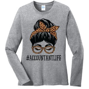 Accountant Leopard Messy Bun Women Back To School Ladies Long Sleeve Shirt