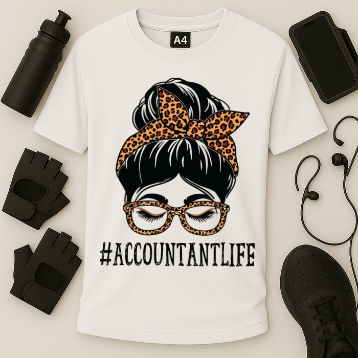 Accountant Leopard Messy Bun Women Back To School Cooling Performance Crew T-Shirt