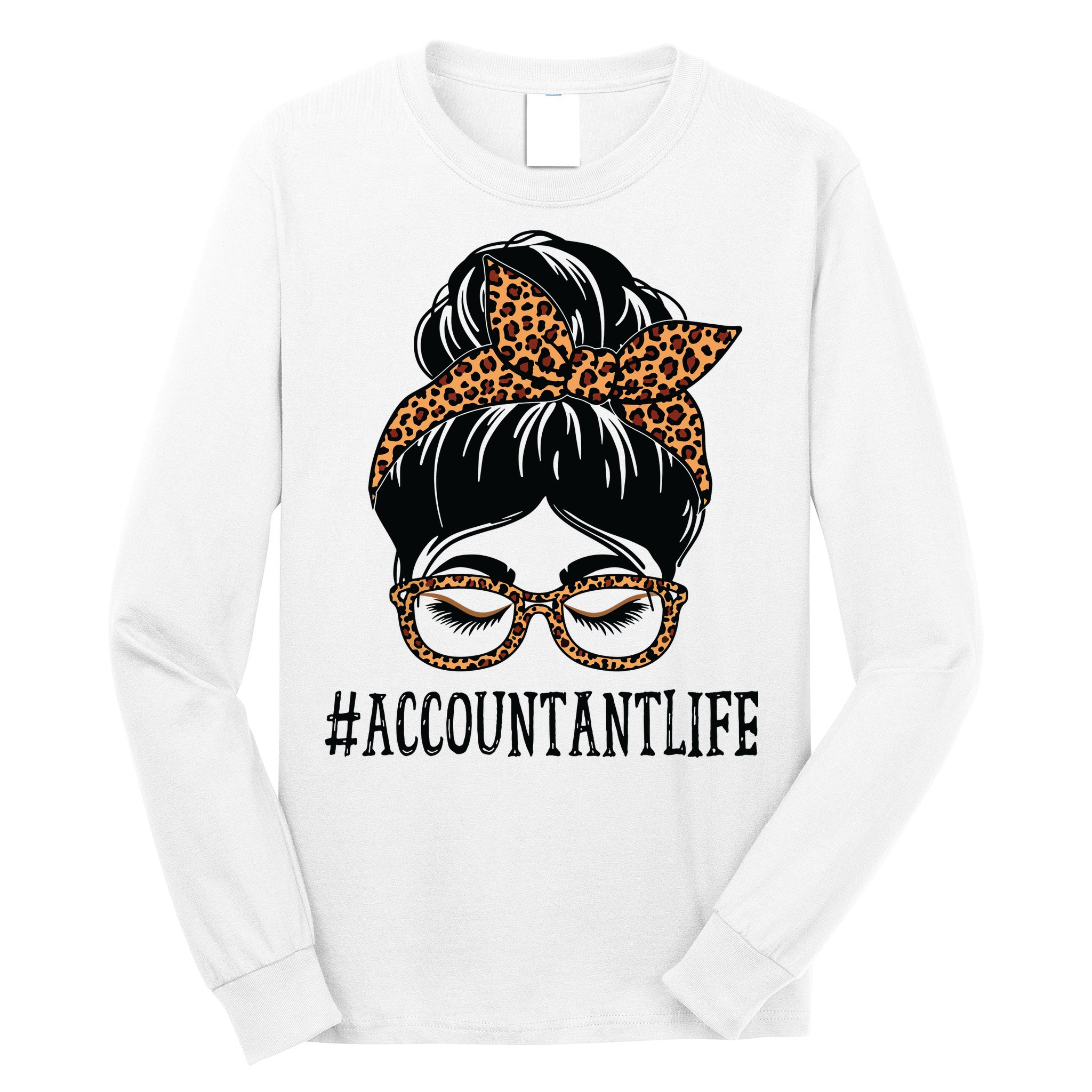 Accountant Leopard Messy Bun Women Back To School Long Sleeve Shirt