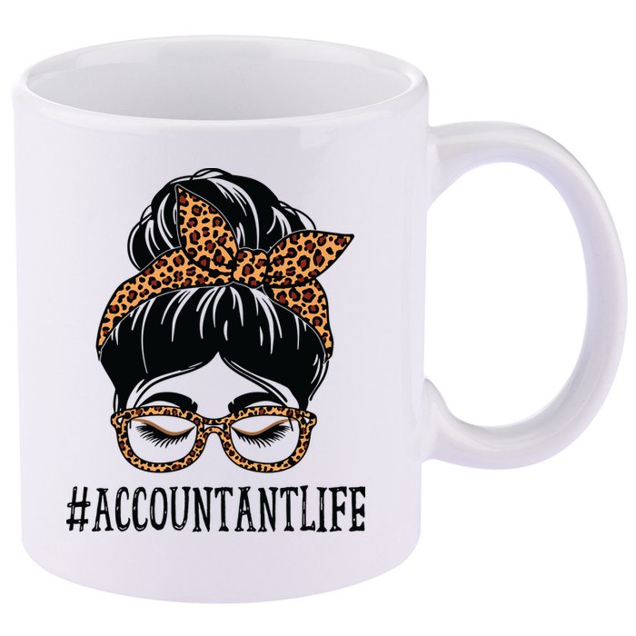 Accountant Leopard Messy Bun Women Back To School 11oz C Handle Ceramic Mug