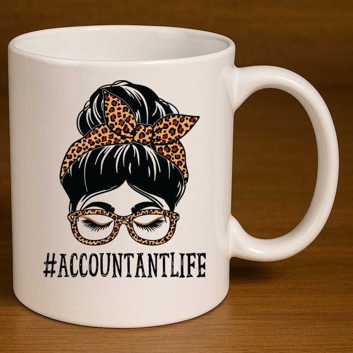 Accountant Leopard Messy Bun Women Back To School 11oz C Handle Ceramic Mug