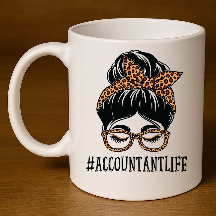 Accountant Leopard Messy Bun Women Back To School 11oz C Handle Ceramic Mug