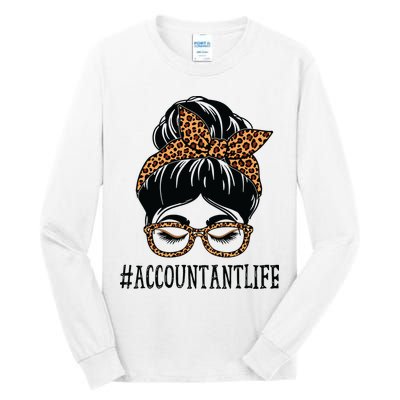 Accountant Leopard Messy Bun Women Back To School Tall Long Sleeve T-Shirt