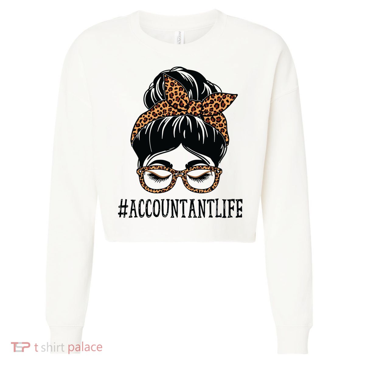 Accountant Leopard Messy Bun Women Back To School Cropped Pullover Crew
