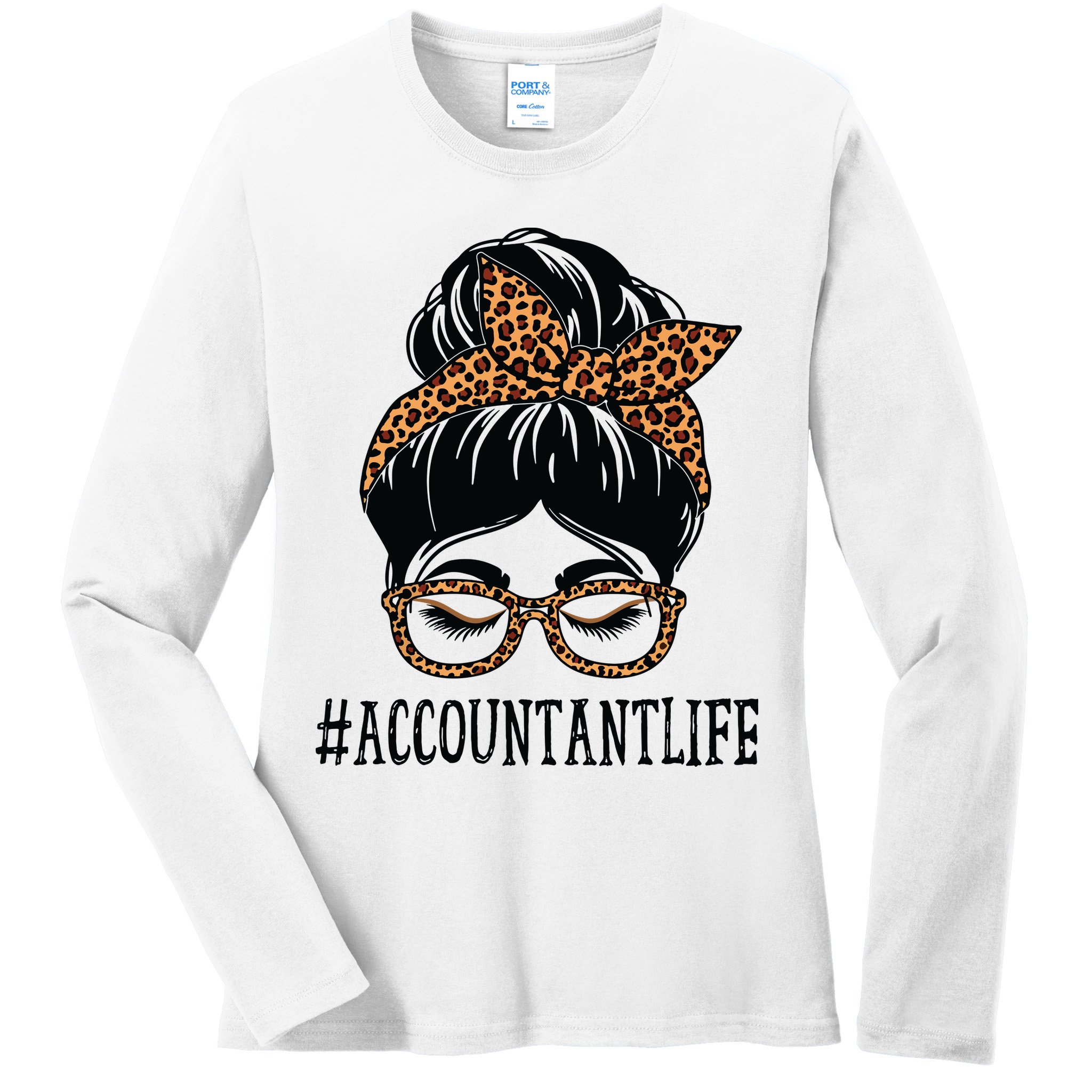 Accountant Leopard Messy Bun Women Back To School Ladies Long Sleeve Shirt