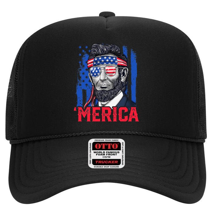 Abraham Lincoln Merica 4th Of July American Flag High Crown Mesh Back Trucker Hat